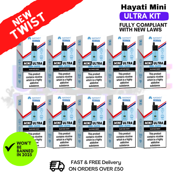 Shop Blue Razz Cherry Hayati Mini Ultra 1500 Box Of 10 - UK Vape World