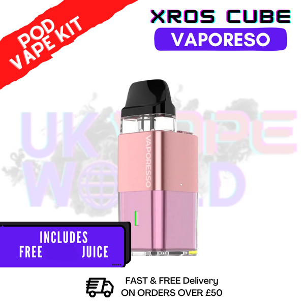 The image shows a Sakura Pink XROS Cube Vape Kit by Vaporesso, which includes a pod vape device, a USB Type-C charging cable, and indicates the inclusion of a free 100ml e-liquid.