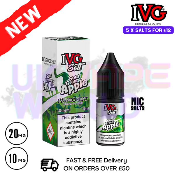 Sour Green Apple IVG NicSalt 10ML E-liquid Experience a blast of tart flavor with this unique nic salt blend - UK Vape World