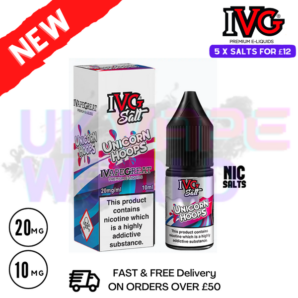 Unicorn Hoops IVG NicSalt 10ML E-liquidSatisfy your cravings with a delicate blend of marshmallow, complemented by a fulfilling cereal flavor, accompanied by a hint of milk for a delectable morning concoction - UK Vape World